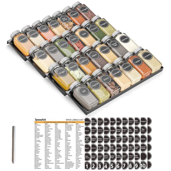 SpaceAid Spice Drawer Organizer with 28 Spice Jars, 386 Spice Labels, 4 Tier Seasoning Rack Tray Insert for Kitchen Drawers, 13" Wide x 17.5" Deep