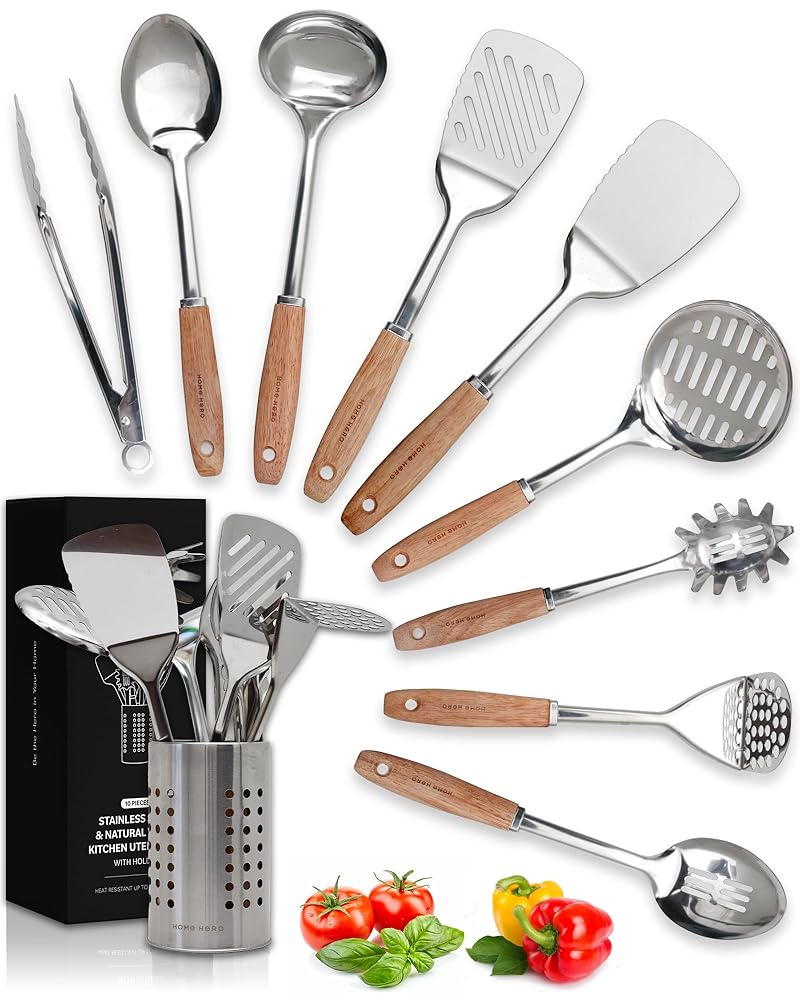 Stainless Steel Cooking Utensils, Stainless Steel Utensils Set, Stainless Steel Kitchen Utensils, Stainless Steel Cooking Utensils Set, Metal Cooking Utensils Set, Wood Cooking...