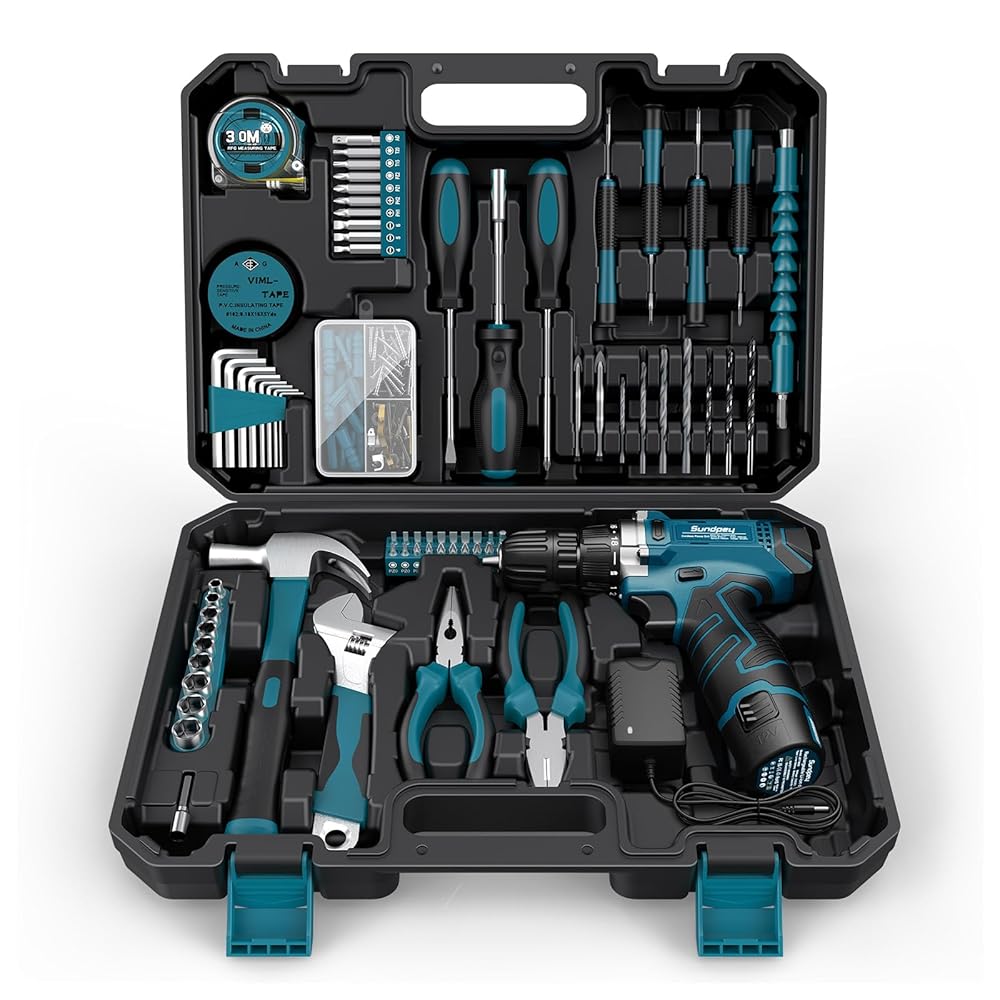 Sundpey Tool Kit 206PCs with Drill - 12V Cordless Power Drill Combo Home Tool Set - Portable Basic General Household Toolbox for Men Women for Garden Office House Repair...