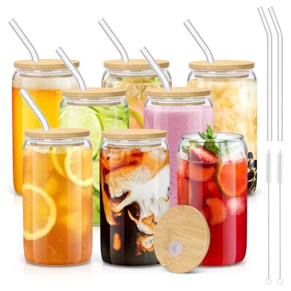 sungwoo 8PCS Glass Cups with Bamboo Lids and Straws, 16OZ Ice Coffee Cup, Drinking Cup set with Wooden Lids, Home Essential Glass Tumblers for Beer, Cocktail, Tea and Latte Clear