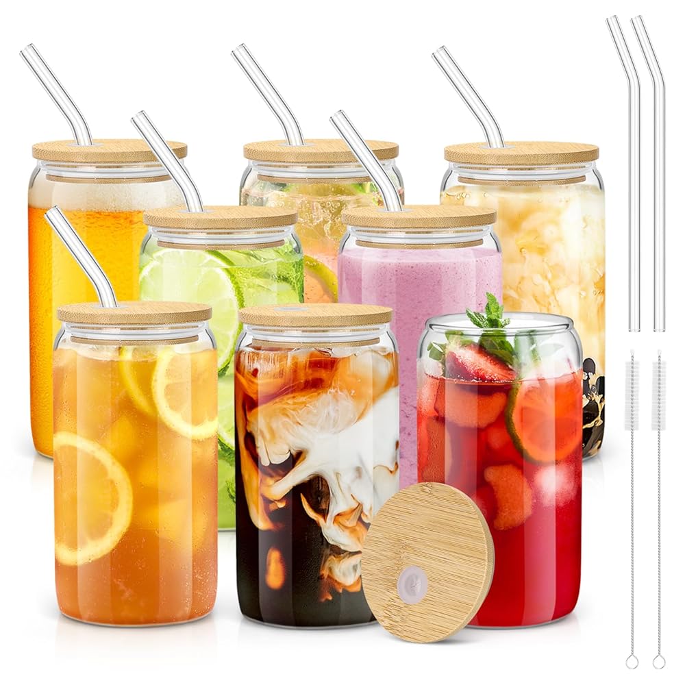 sungwoo 8PCS Glass Cups with Bamboo Lids and Straws, 16OZ Ice Coffee Cup, Drinking Cup set with Wooden Lids, Home Essential Glass Tumblers for Beer, Cocktail, Tea and Latte Clear