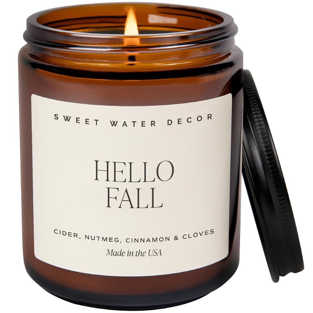 Sweet Water Decor Hello Fall Soy Candles - Fall Candle with Hot Cider, Cinnamon, Cloves, and Nutmeg Scent for Home - Soy Candle with 40 Hours Burn Time - 9Oz Black Lid Amber Jar...