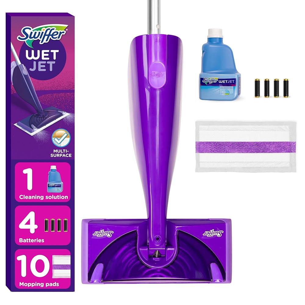 Swiffer WetJet Hardwood and Floor Spray Mop, All-In-One Mopping Cleaner Starter Kit, Includes: 1 WetJet, 10 Pads, 1 Cleaning Solution & 4 Batteries