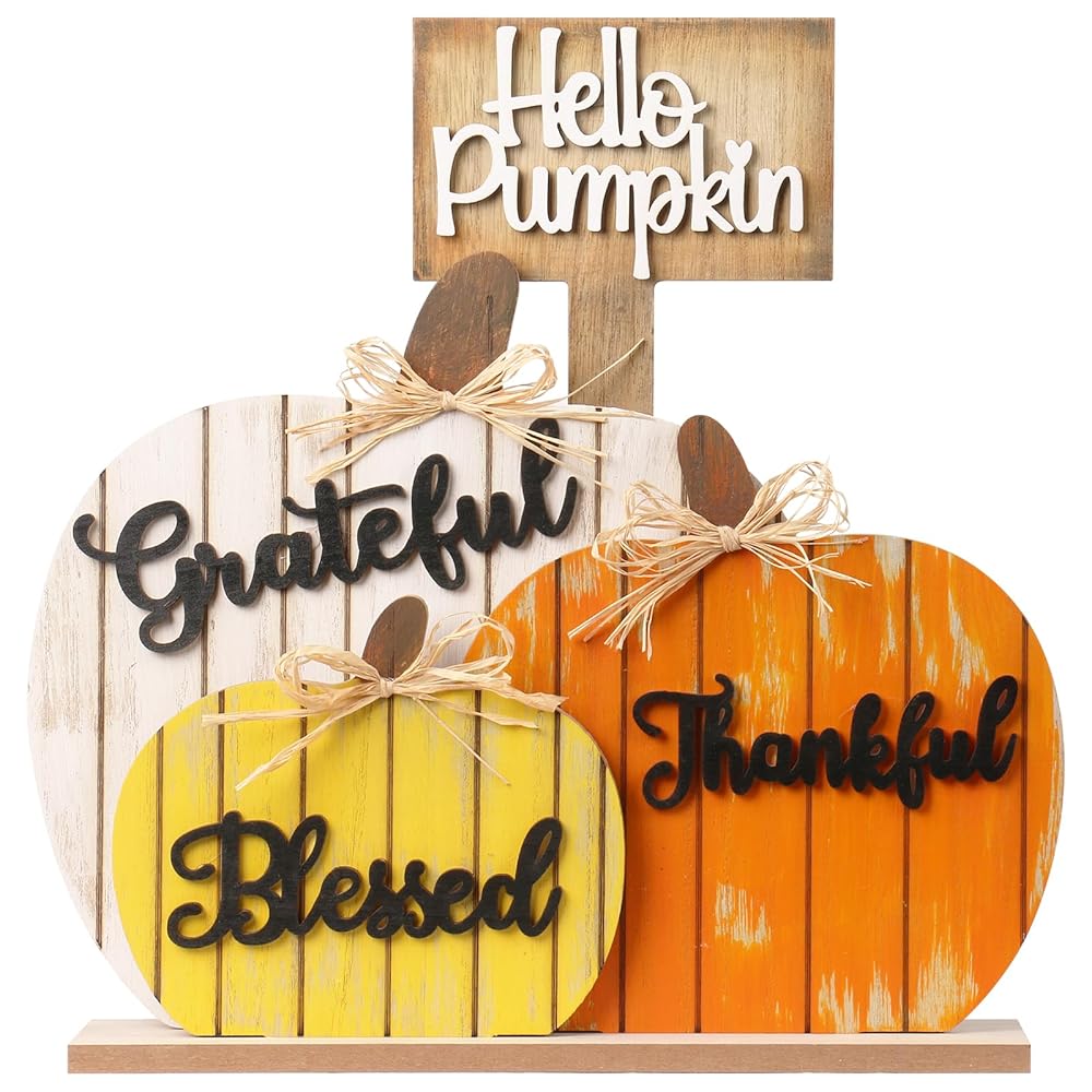 SY Super Bang Fall Decorations for Home, Rustic Wooden Blessed Grateful Thankful Hello Pumpkin Tabletop Sign Thanksgiving Decoration, for Autumn Harvest Farmhouse Party Decor.