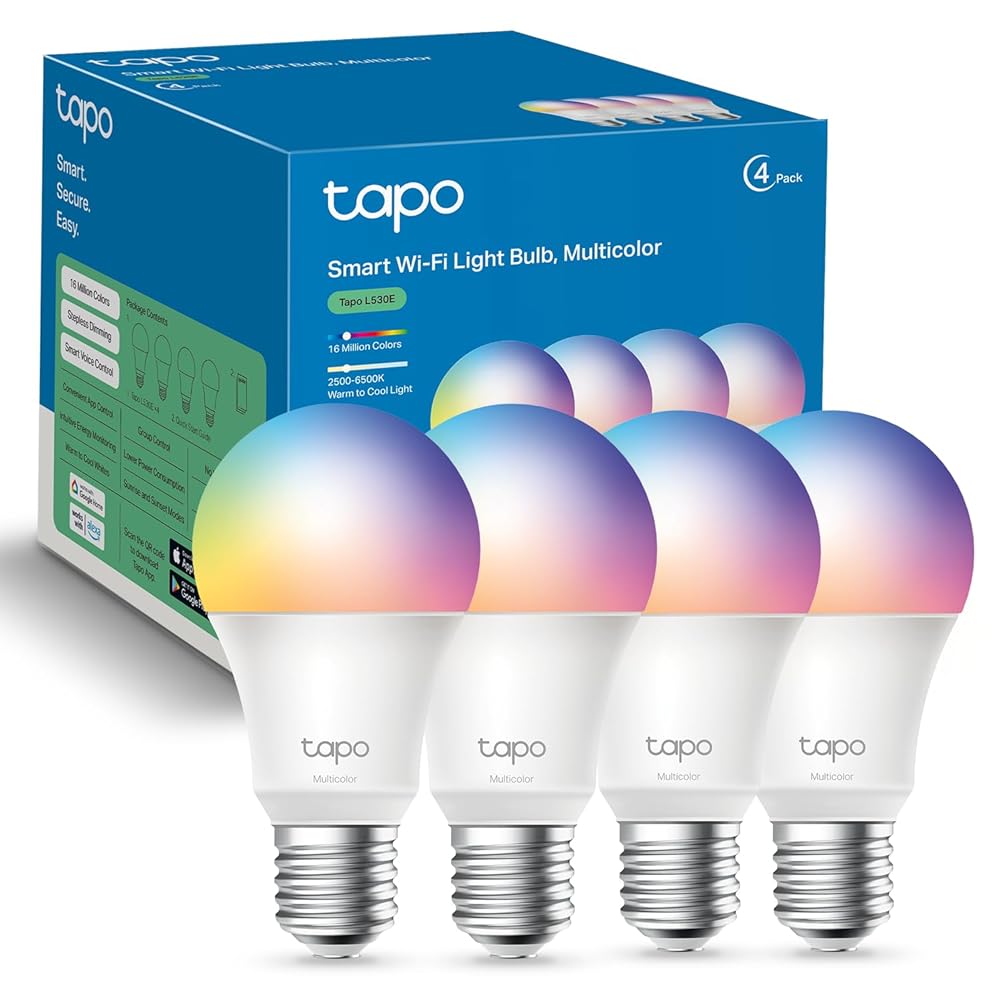 Tapo TP-Link Smart Light Bulbs, 16M Colors RGBW, Dimmable, Compatible with Alexa and Google Home, A19, 60W Equivalent, 800LM CRI>90, 2.4GHz WiFi only, No Hub Required,...