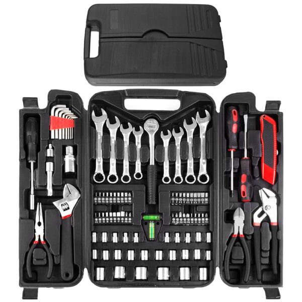 TLGREEN 95 Piece Tool Set, Tool Kit, Mechanics Tool Set, Portable Toolbox with Adjustable Wrench Pliers Socket Bits, with Plastic Toolbox, for House Apartment Garage (Red)