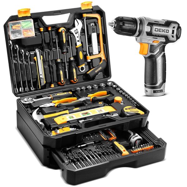 Tool Kit Box Drill Set：DEKOPRO Home Mechanic Toolbox with 12V Power Cordless Drill Hand Repair Tools Sets Combo Kits Storage Organizer Drawer Case for Men