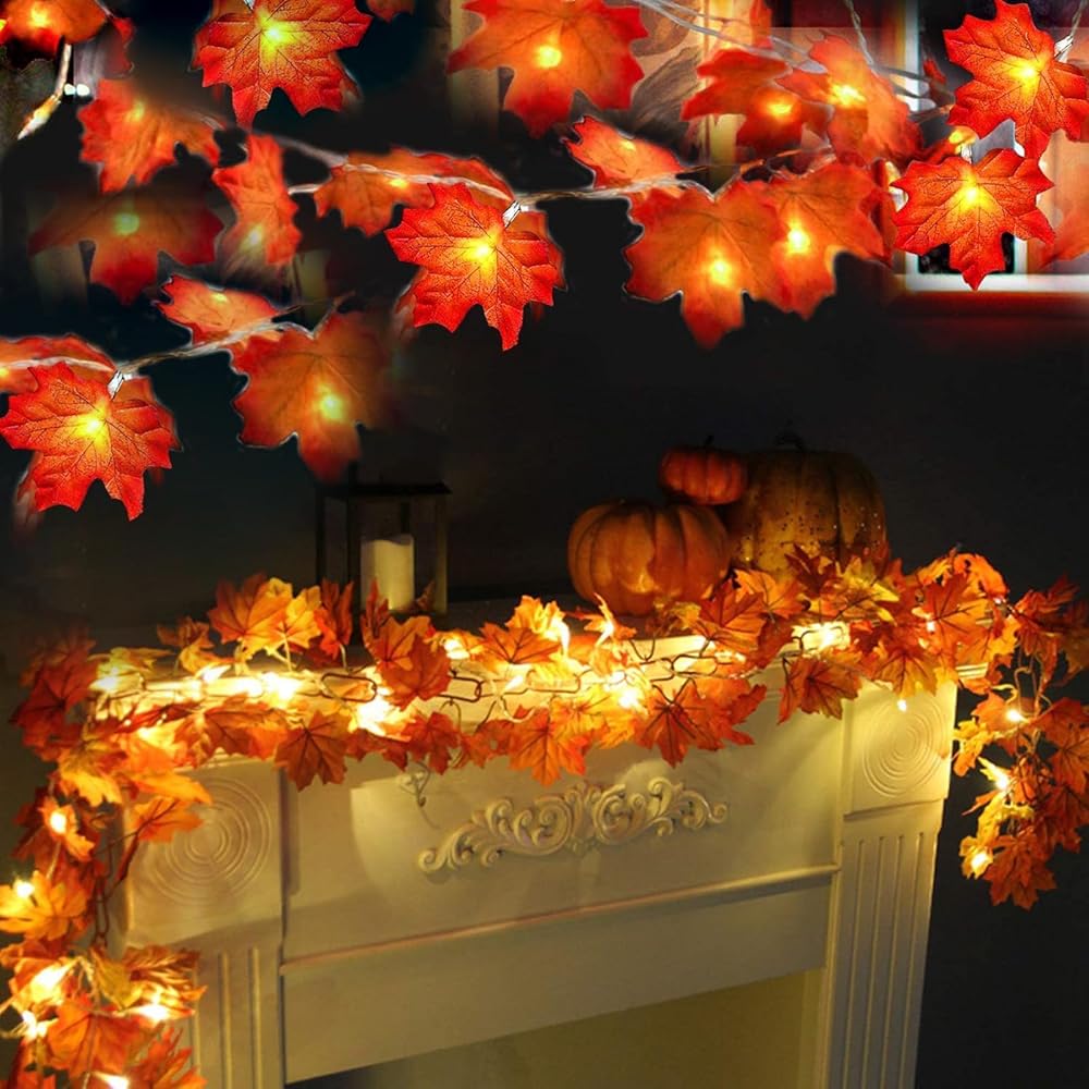 TURNMEON 2 Pack Fall Decor Enlarged Maples Leafed Halloween Thanksgiving Fall Decorations for Home Fall Lights Thick Leafs Garlands, Total 20Ft 40LED Battery Operated Waterproof...