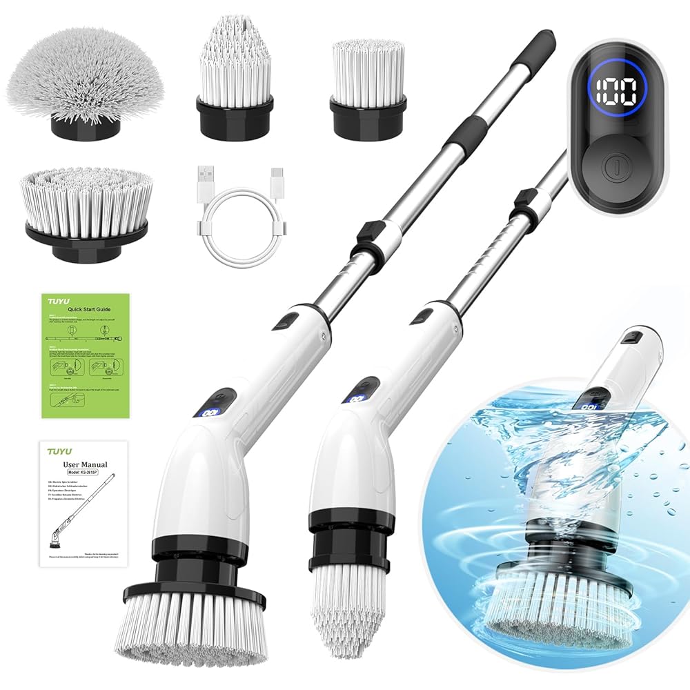 TUYU Electric Spin Scrubber, 2024 New Full-Body IPX7 Waterproof Bathroom Scrubber with Power LCD Display, Adjustable Extension Handle, Cordless Electric Cleaning Brush for...