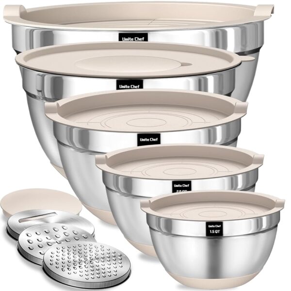 Umite Chef Mixing Bowls with Airtight Lids Set, 8PCS Stainless Steel Khaki Nesting Bowls with Grater Attachments, Kitchen Bowls with Non-Slip Bottoms, Size 5, 4, 3.5, 2, 1.5QT...