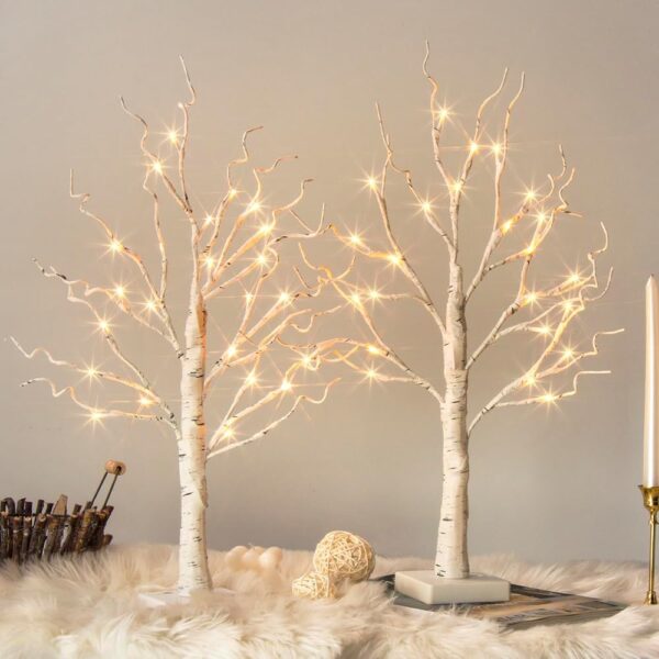 Vanthylit White Birch Tree with LED Lights - Set of 2, LED Tabletop Tree with Timer, Christmas Decorations Lighted Tree for Indoor Mantel Home Decor (2 FT, 24 LED)