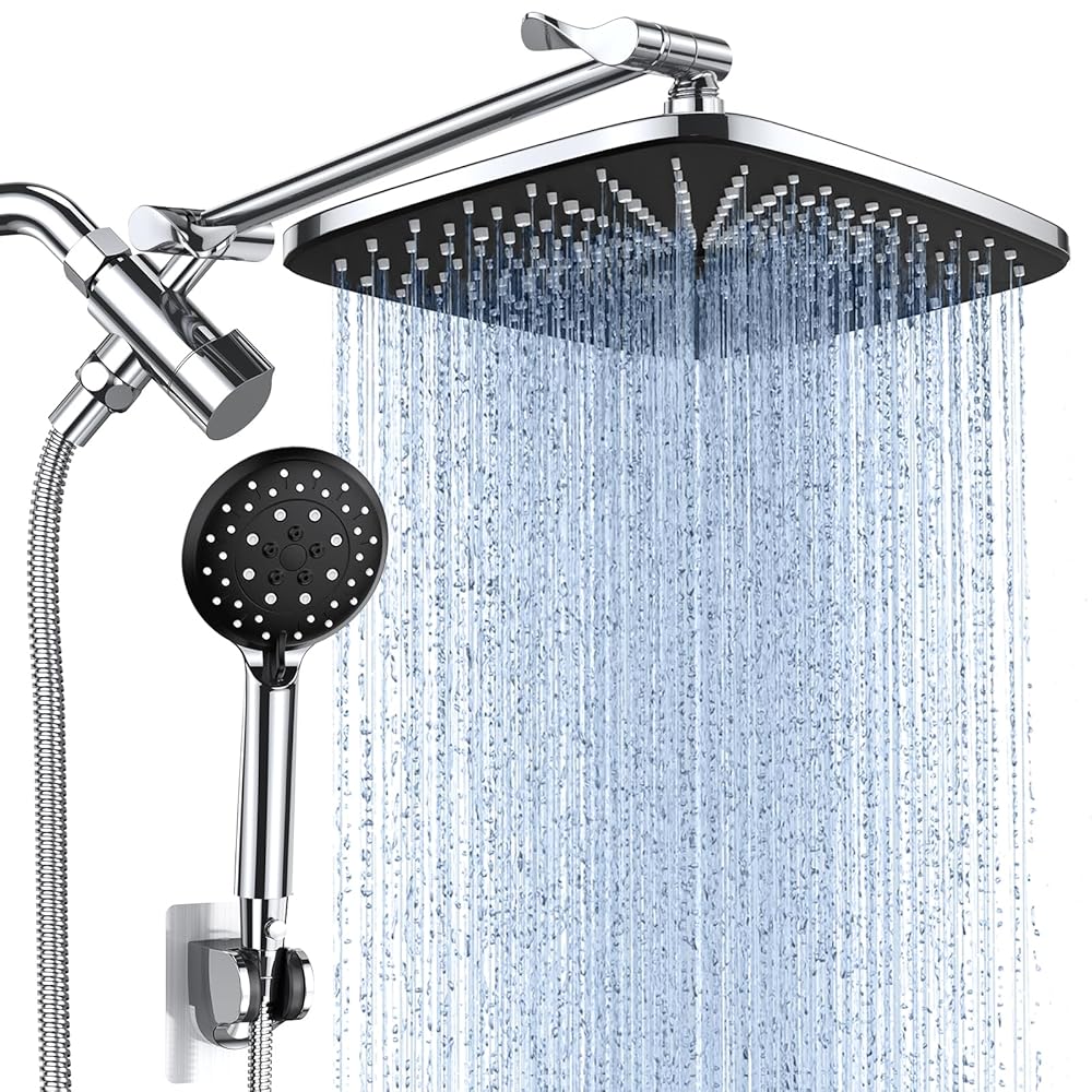 Veken 12 Inch High Pressure Rain Shower Head Combo with Extension Arm- Wide Rainfall Showerhead with 5 Handheld Water Spray - Adjustable Dual Showerhead with Anti-Clog Nozzles -...