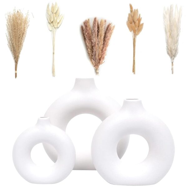 VELOVA Set of 3 White Ceramic Vase with 65 PCS Dried Pampas Grass Flowers Aesthetic Boho Modern Small Round Cute Vases for Decor Living Room Coffee Table Shelf Bedroom Office...