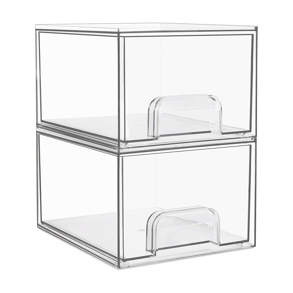 Vtopmart 2 Pack Clear Stackable Storage Drawers, 4.4'' Tall Acrylic Bathroom Makeup Organizer,Plastic Storage Bins For Vanity, Undersink, Kitchen Cabinets, Pantry, Home...