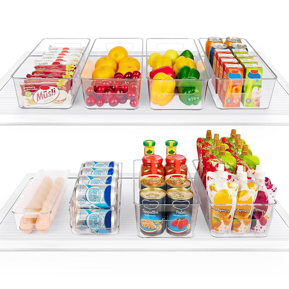 Vtopmart Set of 8 Fridge Organizer, Refrigerator Organizer Bins with Handles, Freezer Organizer Clear Organizing Bins, BPA-Free Fridge Storage Containers for Fridge, Freezer,...