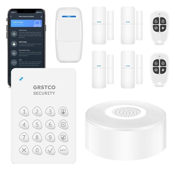 WiFi Alarm System, Smart Home Alarm System Wireless 9 Piece-kit, DIY Alarm System, Door Window Sensor, Motion Sensor, Remote, Keypad, Work with Alexa, for House, Apartment...