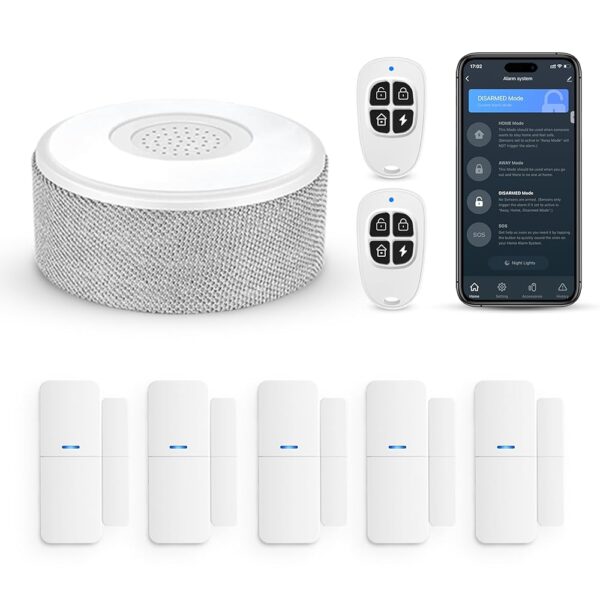 WiFi Door Alarm System, Wireless DIY Smart Home Security System, with Phone APP Alert, 8 Pieces-Kit (Alarm Siren, Door Window Sensor, Remote), Work with Alexa, for House,...