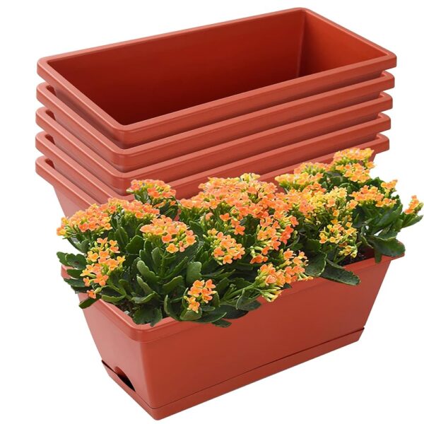 Window Box Planter, 7 Pack Plastic Vegetable Flower Planters Boxes 17 Inches Rectangular Flower Pots with Saucers for Indoor Outdoor Garden, Patio, Home Decor (Red)