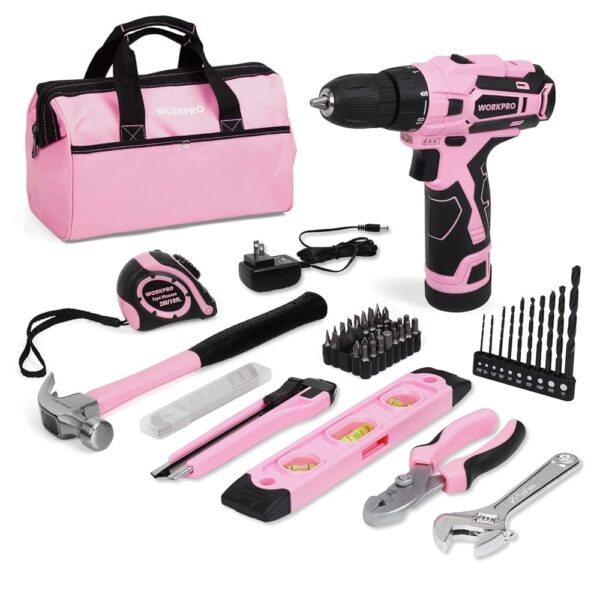 WORKPRO 12V Pink Cordless Drill Driver and Home Tool Kit, Hand Tool Set for DIY, Home Maintenance, 14-inch Storage Bag Included - Pink Ribbon