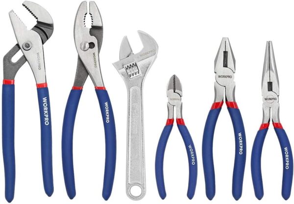 WORKPRO Large Pliers & Wrench Set 6-Piece (10" Water Pump Pliers, 10" Slip Joint Pliers, 8" Long Nose Pliers, 8" Linesman Pliers, 6" Diagonal Pliers, 8" Adjustable Wrench) for...