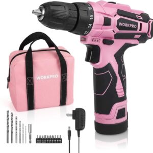 WORKPRO Pink Cordless Drill Driver Set, 12V Electric Screwdriver Driver Tool Kit, 3/8" Keyless Chuck, Charger and Storage Bag Included - Pink Ribbon