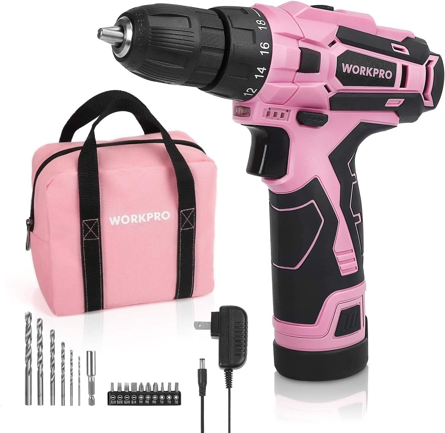 WORKPRO Pink Cordless Drill Driver Set, 12V Electric Screwdriver Driver Tool Kit, 3/8" Keyless Chuck, Charger and Storage Bag Included - Pink Ribbon