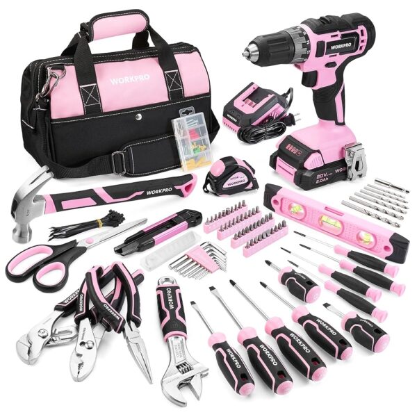 WORKPRO Pink Household Tool Kit with Drill, 157PCS Tool Set with 20V Cordless Lithium-ion Drill Driver, Home Tool Kit for All Purpose, Power Drill Sets with Pink Tool Bag - Pink...