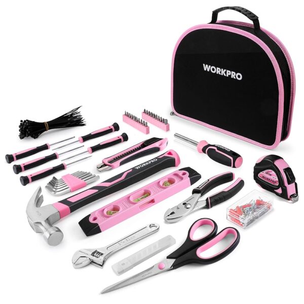 WORKPRO Pink Tool Kit - 236 Pieces Pink Tool Set with Easy Carrying Round Pouch, Household Tool Kit Perfect for DIY, Home Maintenance - Pink Ribbon