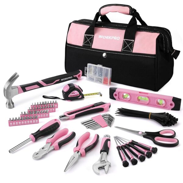 WORKPRO Pink Tool Kit, 263-Piece Home Repairing Tool Set with Wide Mouth Open Storage Bag, Household Tool Kit - Pink Ribbon