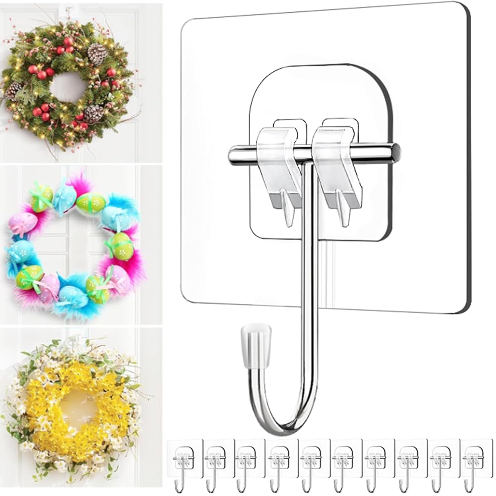 Wreath-Hangers-for-Front-Door,Large Clear Wreath-Door-Hanger-Easter-Christmas-Halloween-Decorations,60lb Over-The-Door-Hooks Glass Door,Adhesive-Wall-Hooks for Hanging Wreath...