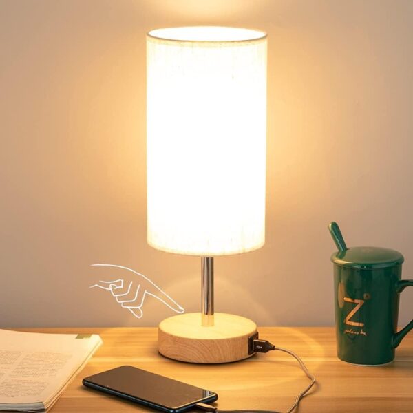 Yarra-Decor Bedside Table Lamp with USB Port - Touch Control for Bedroom Wood 3 Way Dimmable Nightstand Lamp with Round Flaxen Fabric Shade for Living Room, Dorm, Home Office...