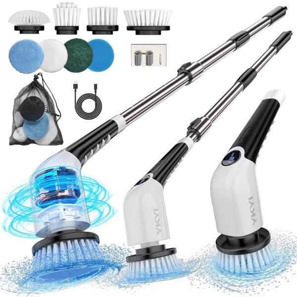 YKYI Electric Spin Scrubber,Cordless Cleaning Brush,Shower Cleaning Brush with 8 Replaceable Brush Heads, Power Scrubber 3 Adjustable Speeds,Adjustable & Detachable Long...