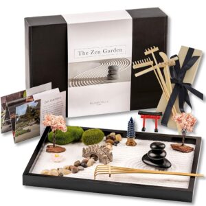 Zen Garden Kit 11x8in. Beautiful Japanese Decor Mini Rock Garden Gift Set for Home, Office Desk. Zen Sand Garden, 6 Tools, 15 Accessories. Sand Tray Therapy Desktop Meditation Room