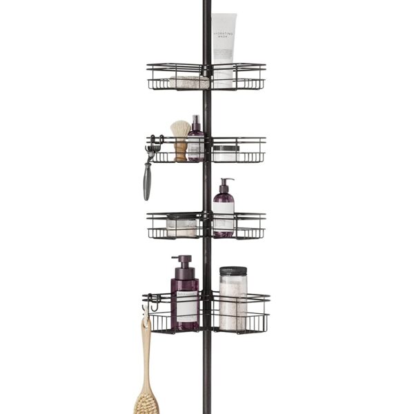 Zenna Home Tension Pole Shower Caddy with 4 L-Shaped Shelves with Hooks, Bronze, 60-97 Inch – Rust-Resistant Corner Shower Organizer Shelf – Adjustable Shower Rack for Bath...