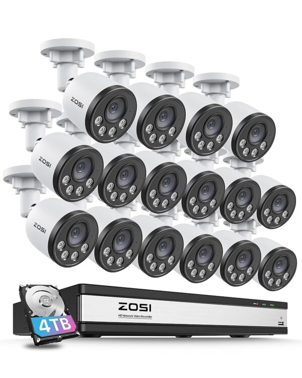 ZOSI 4K PoE Security Camera System with Audio,Smart Human Detection,100ft Night Vision,16 Channel NVR with 4TB HDD,16pcs 4MP Weatherproof PoE IP Cameras Outdoor Indoor for Home...