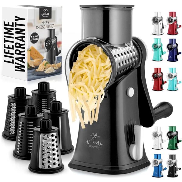 Zulay Rotary Cheese Grater 5 Blade Cheese Shredder - Manual Hand Crank Cheese Grater With Reinforced Suction & 5 Interchangeable Drums - Easy to Use, Vegetable Chopper Round...